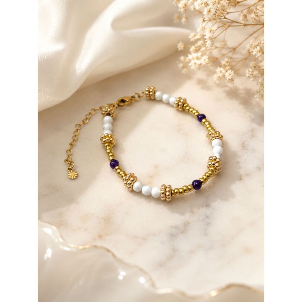 Howlite and Amethyst Natural Gemstone Bracelet Gold White and Purple Jewelry